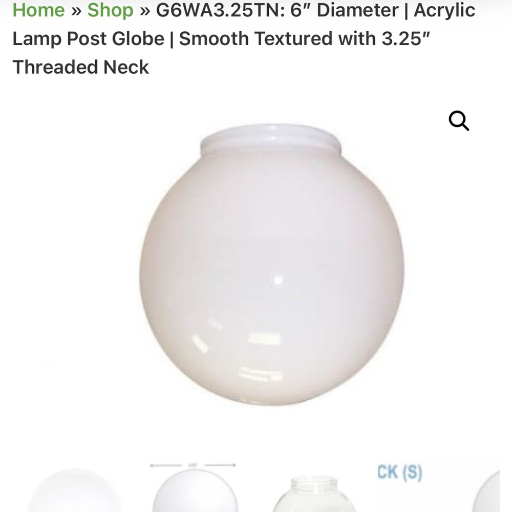 6" White Acrylic Globe with 3.14" Fitter Neck Plastic Light Cover - Not Glass